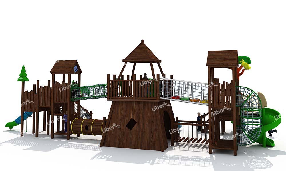Outdoor Large Wooden Children's Play Equipment With Plastic Slide