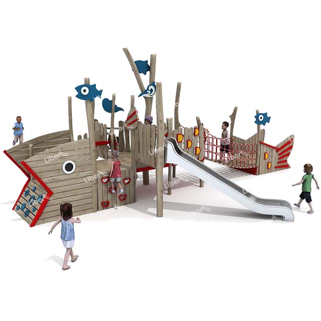 Fish Theme Wooden Playground Structure with Net Bridge
