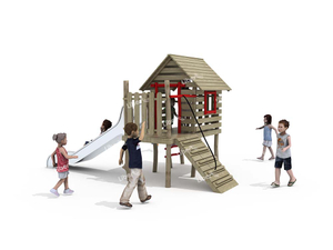 Outdoor Wooden Tree House Play Equipment With Stainless Slide