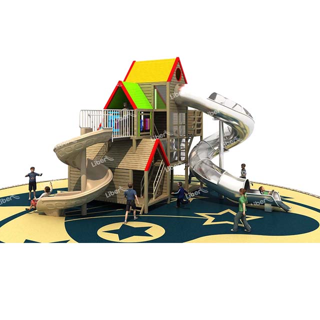 Kids Outdoor Wooden Play House with Stainless Steel Slide